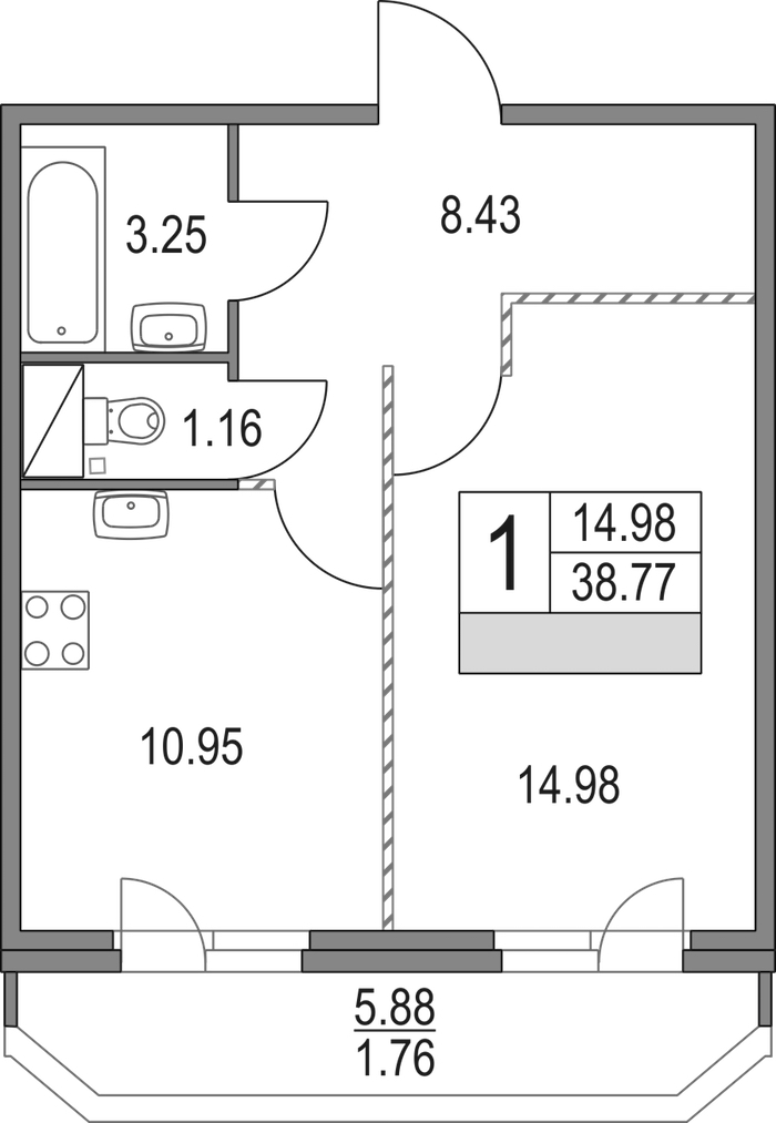 1-комнатная квартира 38.77 м², 13/16 эт., ЖК «Приморский квартал»